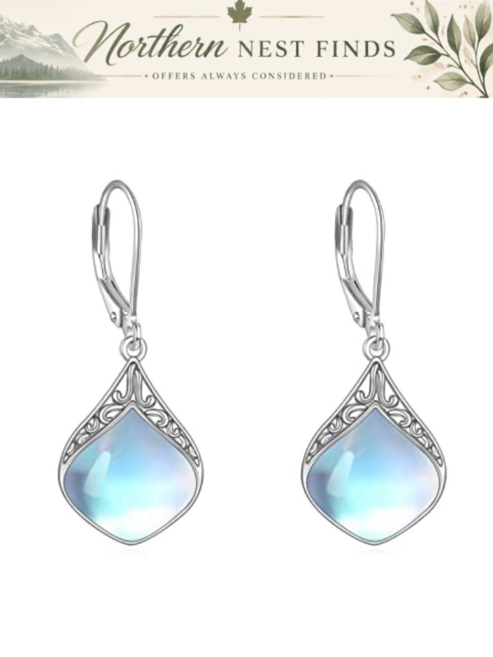 Sterling Silver Moonstone Teardrop Dangle Earrings Celtic Leverback